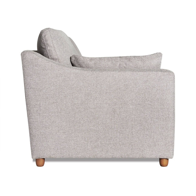 The My Cloud Slope Sofa features a simple, modern side view with gray fabric, a single cushion backrest, and wooden legs. This spacious and inviting piece offers customizable options to suit any living space.