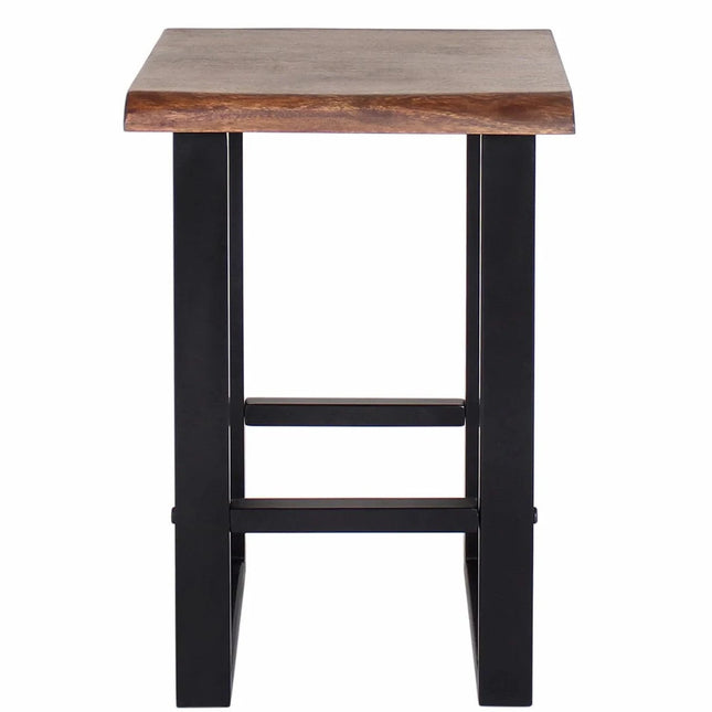 The Live Edge Stool features a dark brown acacia seat with a slightly curved edge for added elegance, paired with sleek black metal legs.