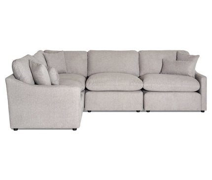 Introducing the My Cloud Slope 4 Piece Left L: a light gray, L-shaped sectional with plush cushions. This sofa offers a modern look with thick seat cushions and pillow-like backrests, perfect for spacious living rooms with contemporary décor.