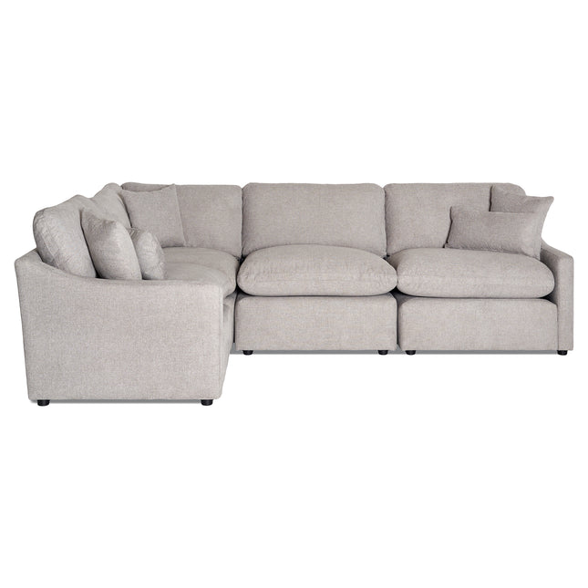 Introducing the My Cloud Slope 4 Piece Left L: a light gray, L-shaped sectional with plush cushions. This sofa offers a modern look with thick seat cushions and pillow-like backrests, perfect for spacious living rooms with contemporary décor.