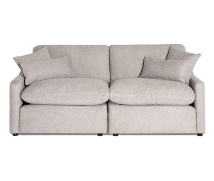 The My Cloud Slope 2 Piece is a plush, light gray modular sectional with two large seats and four throw pillows. It features a modern design with wide armrests on a plain white background, epitomizing the Worlds Greatest & Most Comfortable Sofa experience.