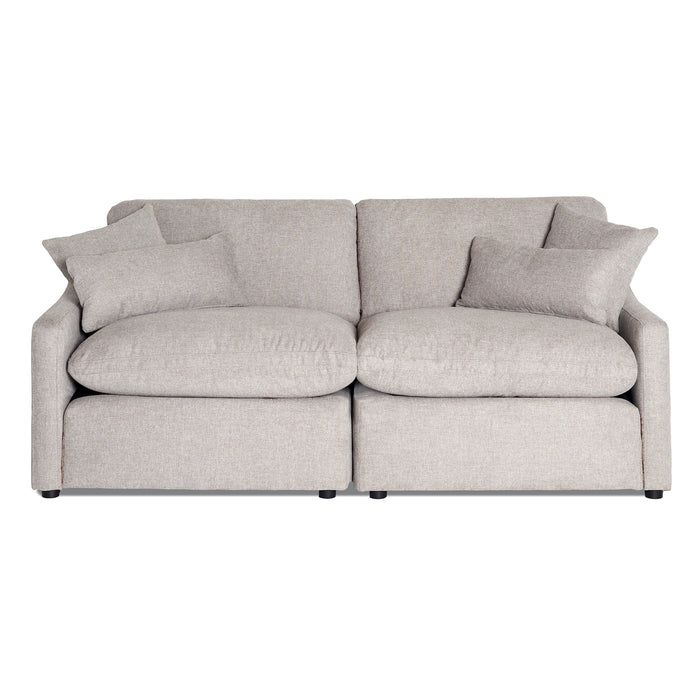 The My Cloud Slope 2 Piece is a plush, light gray modular sectional with two large seats and four throw pillows. It features a modern design with wide armrests on a plain white background, epitomizing the Worlds Greatest & Most Comfortable Sofa experience.