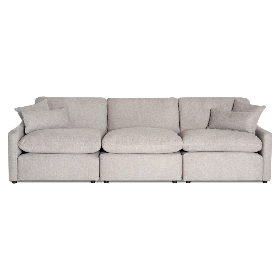 The My Cloud Slope 3 Piece Straight is a light gray three-seater sofa known as the Worlds Greatest & Most Comfortable Sofa, featuring plush cushions and soft fabric. Its modern design with straight arms and matching throw pillows adds symmetry, all elegantly placed on a plain white background.