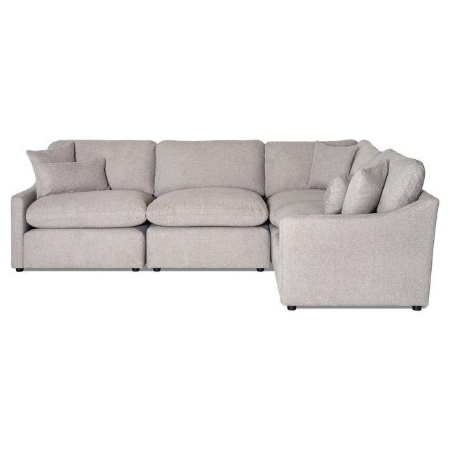 The My Cloud Slope 4 Piece Right L is a light gray sectional sofa with a modern design, offering cushioned seats, backrests, and matching throw pillows. Its plush L-shaped arrangement provides an inviting ambiance.