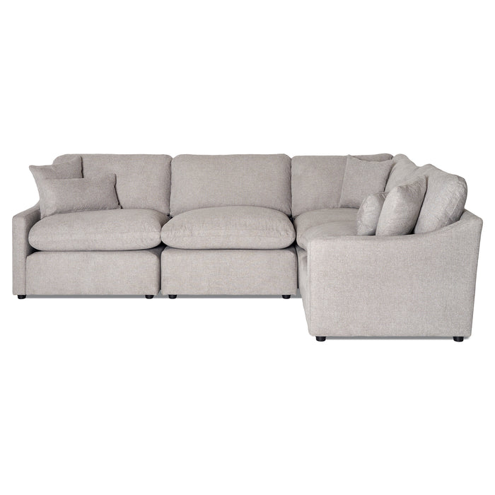 The My Cloud Slope 4 Piece Right L is a light gray sectional sofa with a modern design, offering cushioned seats, backrests, and matching throw pillows. Its plush L-shaped arrangement provides an inviting ambiance.
