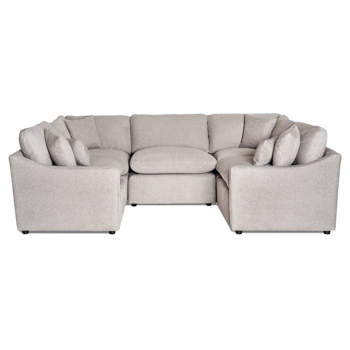 The My Cloud Slope 5 Piece Pit is a spacious, beige U-shaped modular sectional sofa with multiple plush cushions. Made from machine-washable fabric, its set against a white background, offering an inviting relaxation spot.