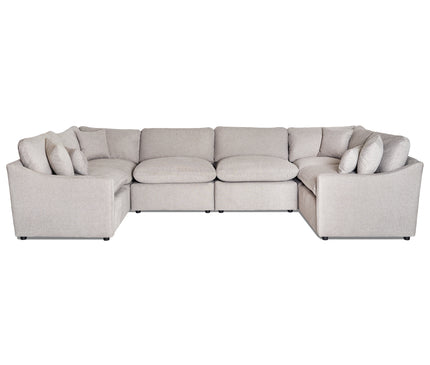 The My Cloud Slope 8 Piece Pit is a large, light gray modular sectional with multiple back and side cushions arranged in a U-shape. This contemporary, minimalist design makes it the ultimate sofa for spacious living areas.