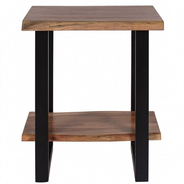 The Live Edge End Table exudes rustic charm with a natural finish, featuring a square top and bottom shelf. Supported by four black metal legs, it combines a live edge design with modern minimalism.