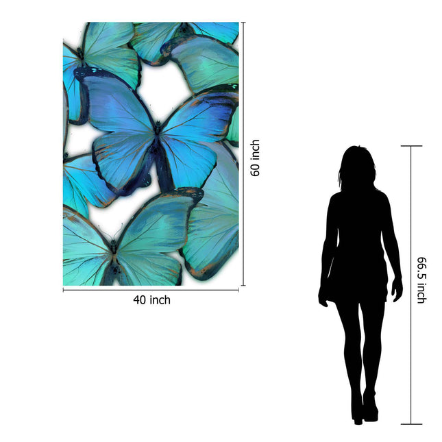 A 66.5-inch tall silhouette stands beside Butterfly, a museum-quality 40x60 inch artwork showcasing vibrant blue butterflies in a striking pattern.