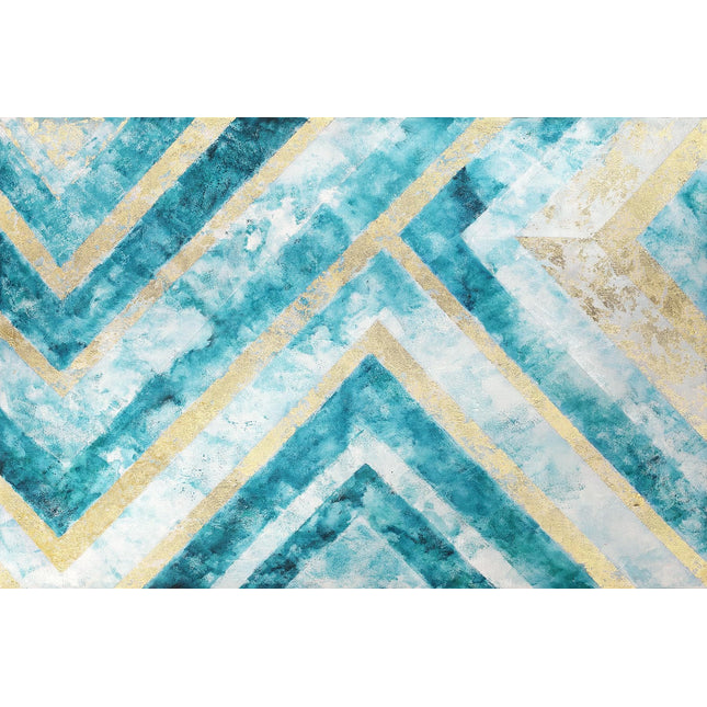 The Abstract Chevron artwork showcases teal and gold geometric chevron patterns on floating tempered glass, combining various teal shades with metallic gold accents for a dynamic, textured look reminiscent of museum-quality art.