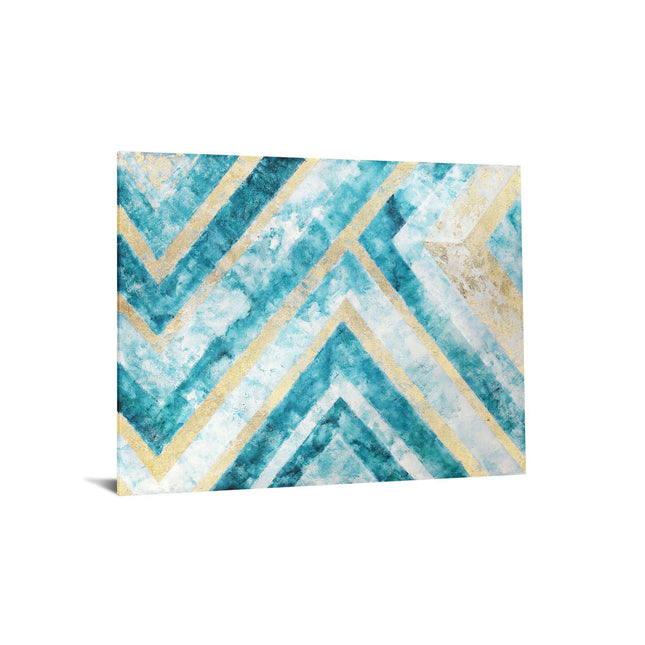The Abstract Chevron is a museum-quality artwork with turquoise and gold zigzag patterns on textured canvas. Its geometric design features layered, dynamic shades of blue and shimmering accents, creating a stunning piece that captivates any viewers attention.