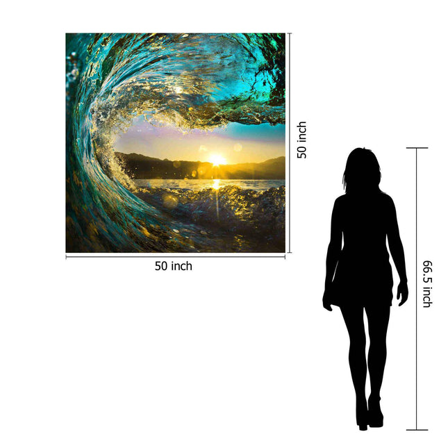 The Tidal Wave artwork features a vibrant ocean wave in deep blues and greens, with a sunset over distant hills. Printed on 50-inch square floating tempered glass, it includes a silhouette for size comparison (66.5 inches tall), making it ideal for home or office display.