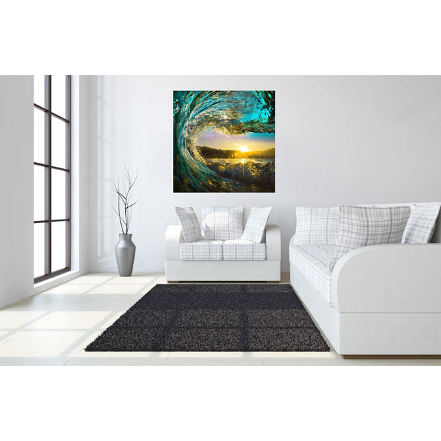 A modern, minimalist living room showcases a white sofa and armchair with plaid cushions. The wall features Tidal Wave, a stunning landscape painting of a wave at sunset. A tall plant adorns the floating tempered glass floor. Ideal for any home or office setting.