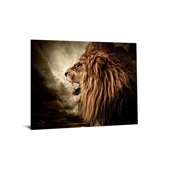 A majestic Lion roars against a dramatic, cloudy sky in sepia tones, highlighting the detailed texture of its full mane. This museum-quality artwork symbolizes strength and power, creating a stunning piece that showcases natures raw intensity.