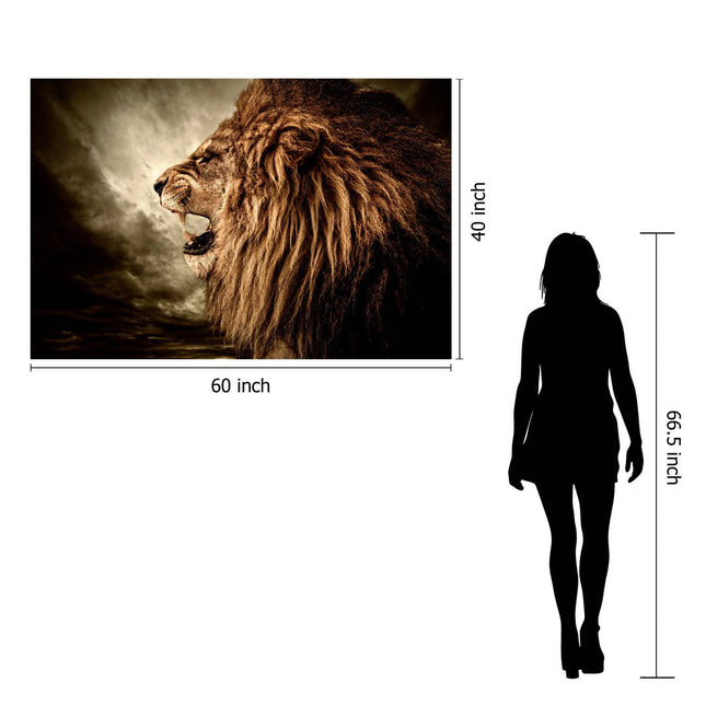 A silhouette stands beside Lion, a stunning museum-quality artwork measuring 60x40 inches, showcasing vibrant details. The figure, at 66.5 inches tall, provides scale to this captivating display.