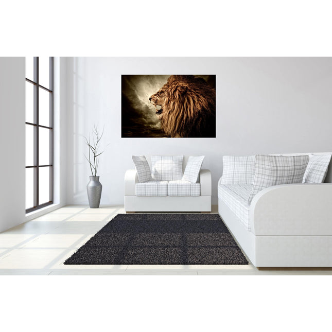 A modern living room boasts a white sofa with cushions, a gray rug on light wooden floors, and Lion, a museum-quality portrait. A tall plant in a gray vase stands beside the sofa. Natural light floods through large windows, accentuating these stunning pieces.