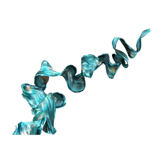 The Turq Squiggly artwork features a teal and copper ribbon-like design on white, resembling a flowing brushstroke with textured, shimmering surfaces that create dynamic movement.