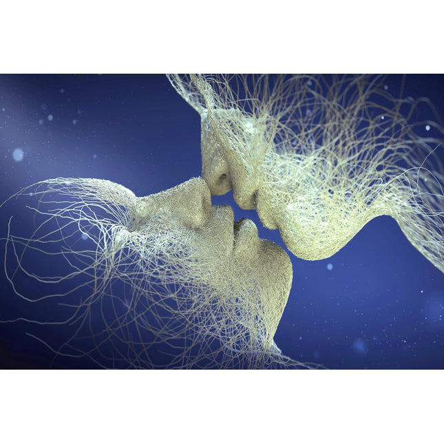 Lasting Kiss features two abstract faces in golden web-like strands, seemingly about to kiss against a deep blue with subtle light orbs. This museum-quality artwork under tempered glass exudes dreamy, ethereal beauty.