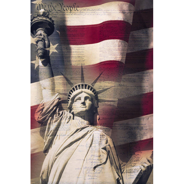 The We The People artwork artistically overlays the Statue of Liberty with the US Constitution and an American flag, creating a museum-quality symbol of freedom and democracy that floats like tempered glass, leaving a memorable impression of patriotism and history.