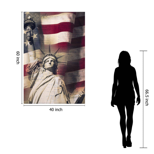 The We The People artwork is a museum-quality piece featuring the Statue of Liberty, the American flag, and scripted text on floating tempered glass. Measuring 40x60 inches, it includes a silhouette for scale to ensure a lasting impression.