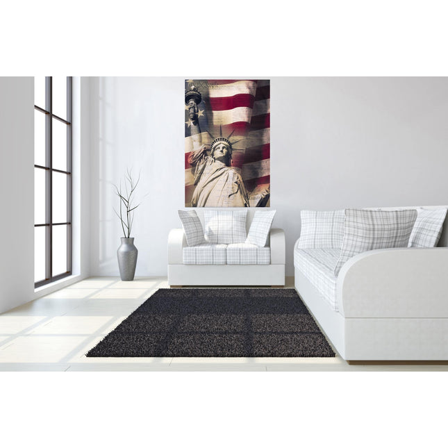 Modern living room featuring a white sofa with plaid cushions, a large We The People poster of the Statue of Liberty with an American flag on the wall. Sunlight streams through tall windows, highlighting a floor vase with branches and a dark rug on light wood flooring.