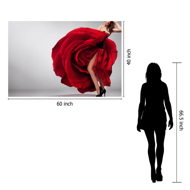 A woman wearing a dramatic red, rose-like dress with an exposed leg leaves a lasting impact in Rosie Leg. The artwork is printed on floating tempered glass for museum quality, measuring 60 inches wide by 40 inches tall, displayed next to a 66.5-inch figure for scale.