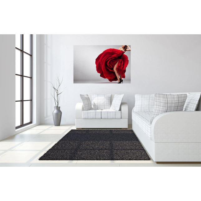 In a modern living room adorned with white furniture and a checkered pattern, museum-quality artwork shines as natural light pours through stunning floating tempered glass windows. A dark gray rug rests on light wood flooring, highlighting the vibrant Rosie Leg photo of a dancer in a flowing red dress.