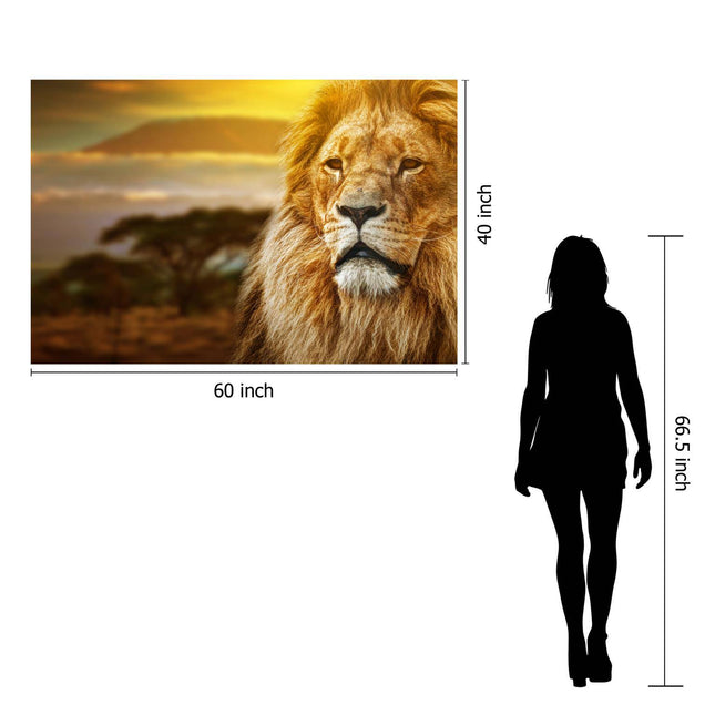 The Lion Safari features a museum-quality painting of a lion on the savannah, protected by tempered glass. It measures 60x40, with an accompanying silhouette standing 66.5 tall, perfect for enhancing your home or office decor.