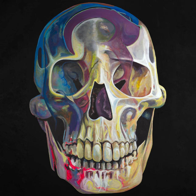 Color My Skull is a vibrant, abstract painting of a human skull set against a dark background, showcasing museum-quality artwork with swirling patterns and shades of blue, purple, yellow, and red.