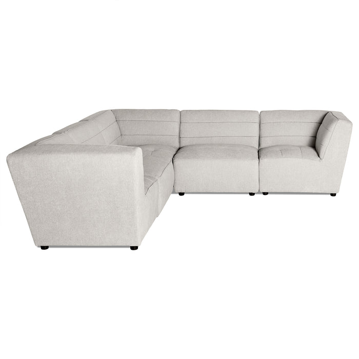 The Millenium 5 Piece L is a luxury modular sectional in light gray with an L-shaped design, three backrest sections, and plush cushions. Its modern look features slightly angled armrests, small black legs, and smooth upholstery.