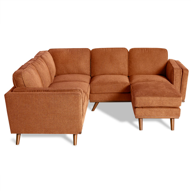 The Maddox, an L-shaped sectional in brown with wooden legs on a white background, epitomizes mid-century modern style. Its cushioned seats and backrests offer a modern and comfortable design for any living room.