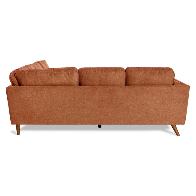 The Maddox sofa is an orange-brown fabric sectional with three cushions, supported by four wooden legs. It features a modern, minimalist design with a hint of mid-century modern style and is displayed on a plain white background.
