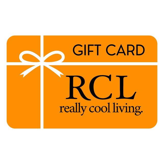 An RCL Gift Card features an orange design with a white bow illustration on the left, GIFT CARD at the top, and RCL really cool living. in the center.