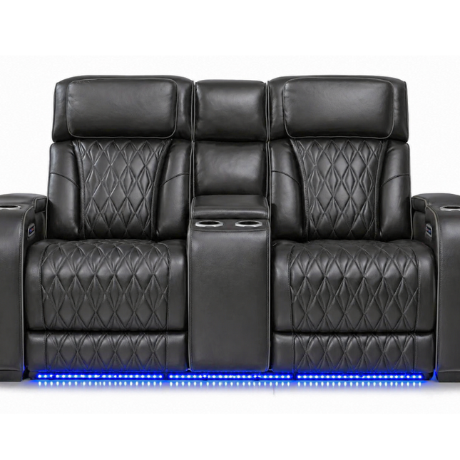 Sofá reclinable de cuero Obsidian de doble potencia con consola