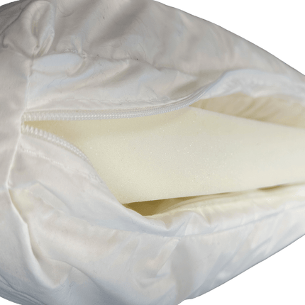 The My Cloud Classic Cushion Core, featuring a white cover with a partially open zipper, reveals an affordable foam insert inside, ideal for customizable furniture.