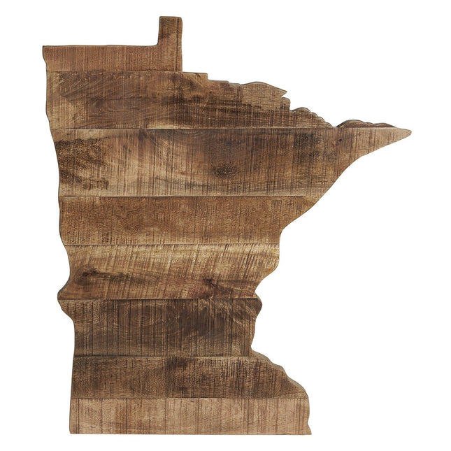 The Minnesota Sign is a rustic wooden decor piece with a state-of-Minnesota shape. Crafted from reclaimed wood, it showcases a natural grain and slightly textured surface for vintage appeal. Its warm, medium brown finish features subtle shading, enhancing its rustic charm.