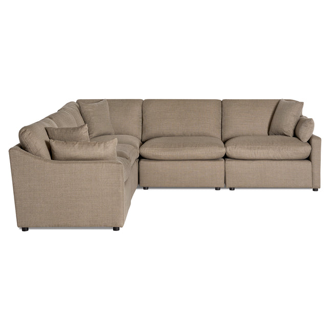 Brown sectional corner sofa with plush cushions and clean lines, set on small square legs. It has a contemporary design and is upholstered in textured fabric. Get free fabric swatches to choose your favorite upholstery option.