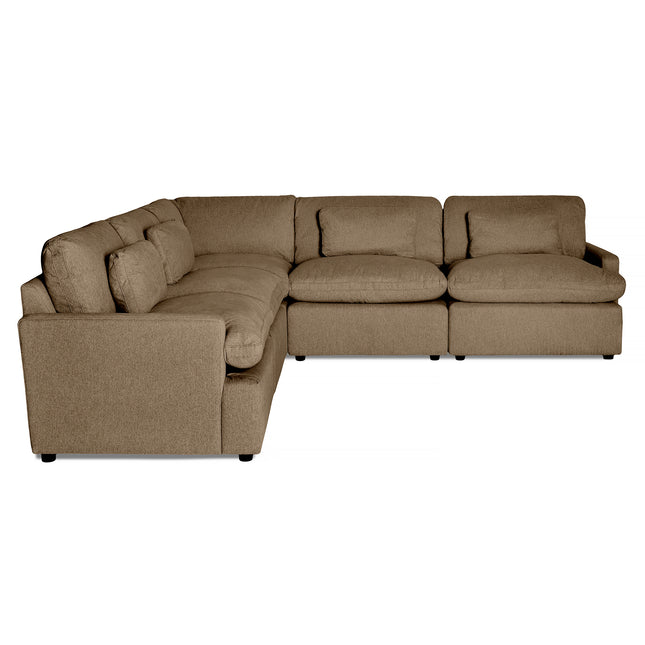 The Free Fabric Swatches sectional sofa has an L-shaped design with cushioned seats and backs, upholstered in soft fabric. Set against a white background, it boasts a minimalist, contemporary style.