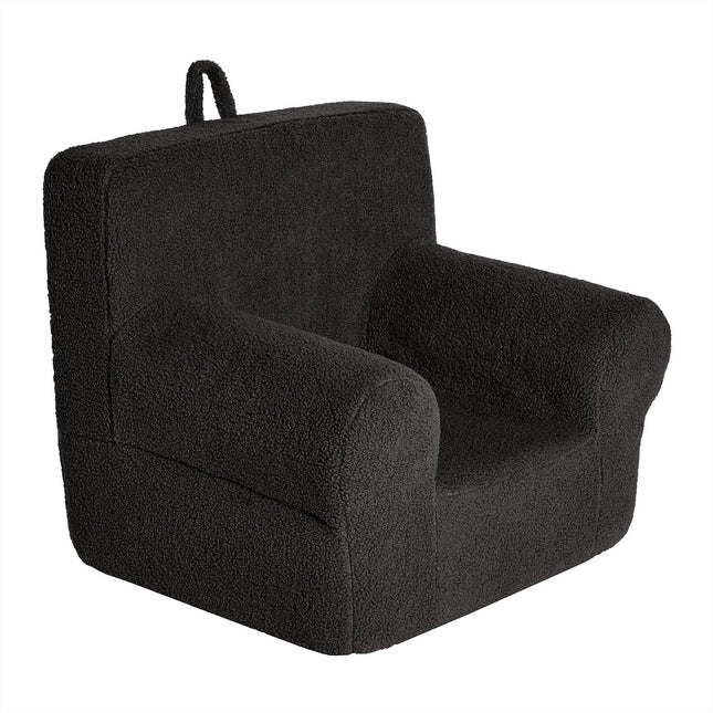 Discover the My Cloud Kidz Chair, a cozy black armchair for children. Wrapped in soft Sherpa fabric, it features a handle on top, wide armrests, and a high backrest. A perfect addition to your customizable furniture collection!.