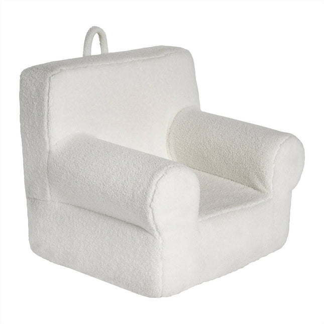 The My Cloud Kidz Chair is a cozy, plush armchair made from soft Sherpa fabric. It features rounded armrests, a thick cushioned seat, and a high backrest. A loop on top allows for easy portability or hanging—perfect customizable furniture for any snug space.