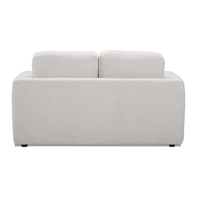 Back view of a light gray Lugano Loveseat featuring two large, plush cushions that embody Italian luxury with its modern design and sleek, rectangular shape. It stands on small, discreet legs, and the upholstery looks irresistibly soft and inviting.