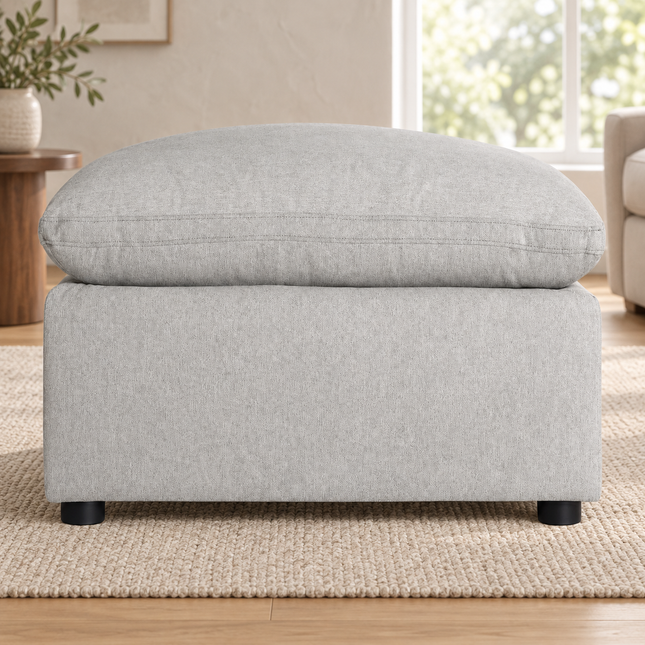 My Cloud 30" Ottoman in Greige — staged living room view