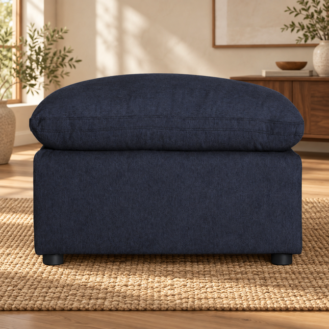 My Cloud 30" Ottoman in Slate Blue — staged living room