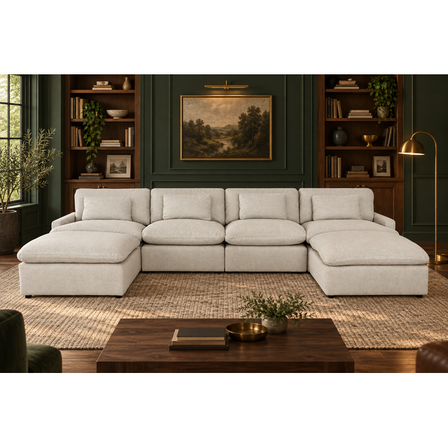 My Cloud 4 Piece Straight + 2 Ottomans in Greige — staged living room view