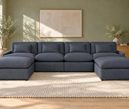 My Cloud 4 Piece Straight + 2 Ottomans in Slate Blue — staged living room view