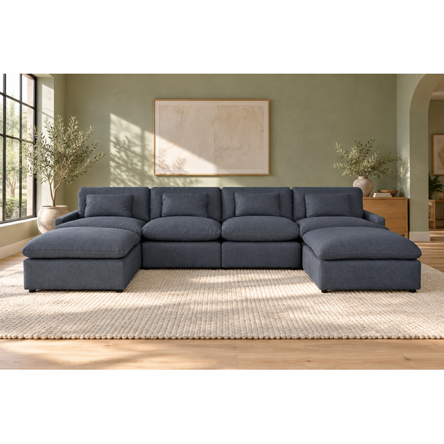 My Cloud 4 Piece Straight + 2 Ottomans in Slate Blue — staged living room view