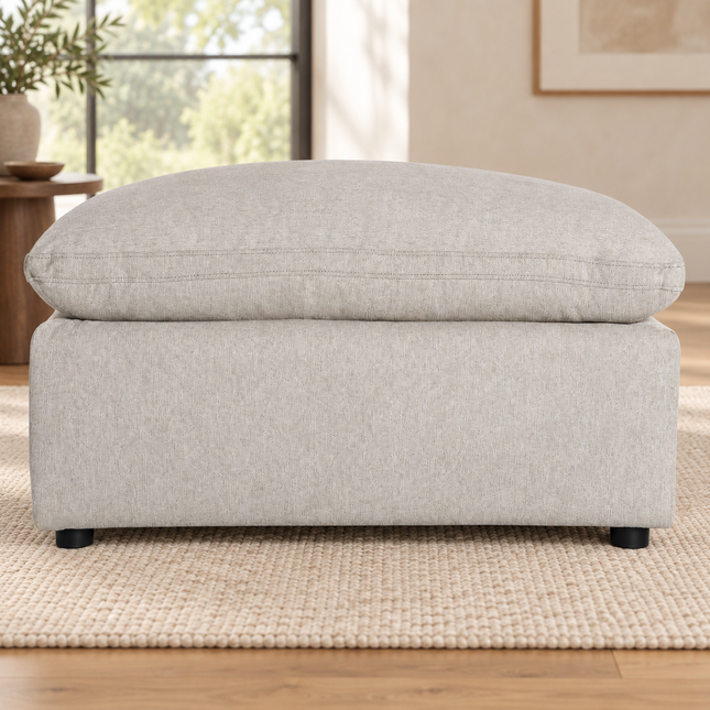 My Cloud 40" Ottoman in Greige — staged living room view