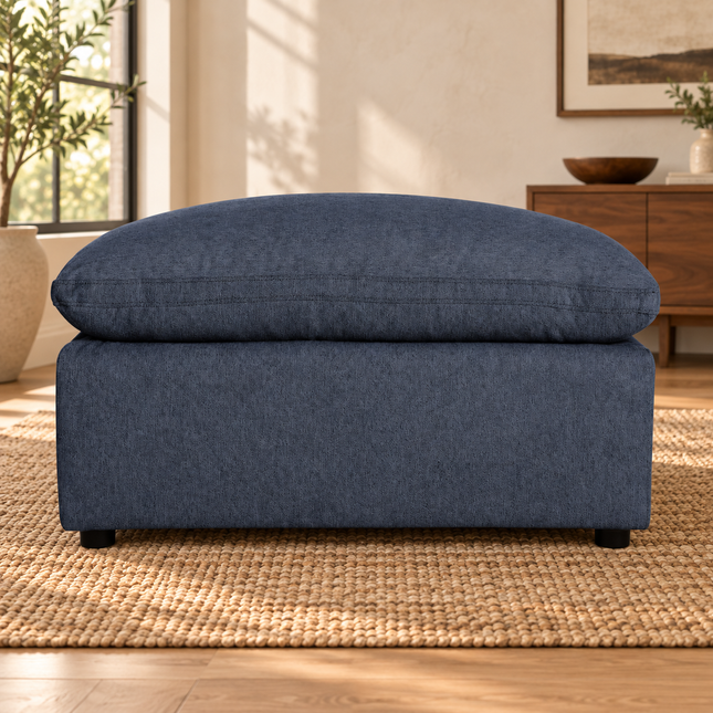 My Cloud 40" Ottoman in Slate Blue — staged living room