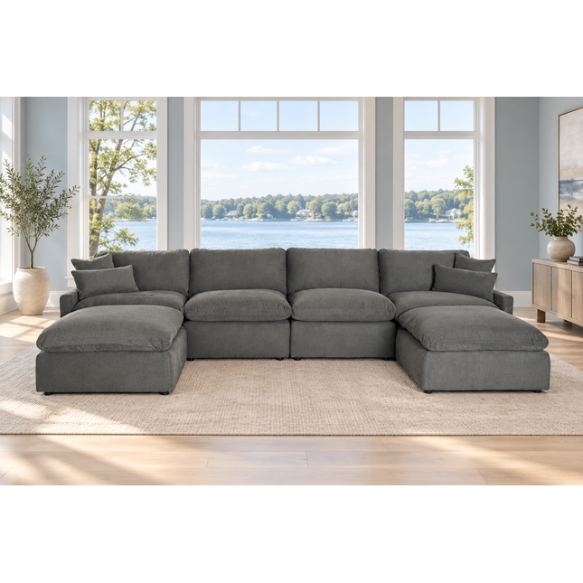 My Cloud Slope 4 Piece Straight + 2 Ottomans in Classic Gray — staged living room view