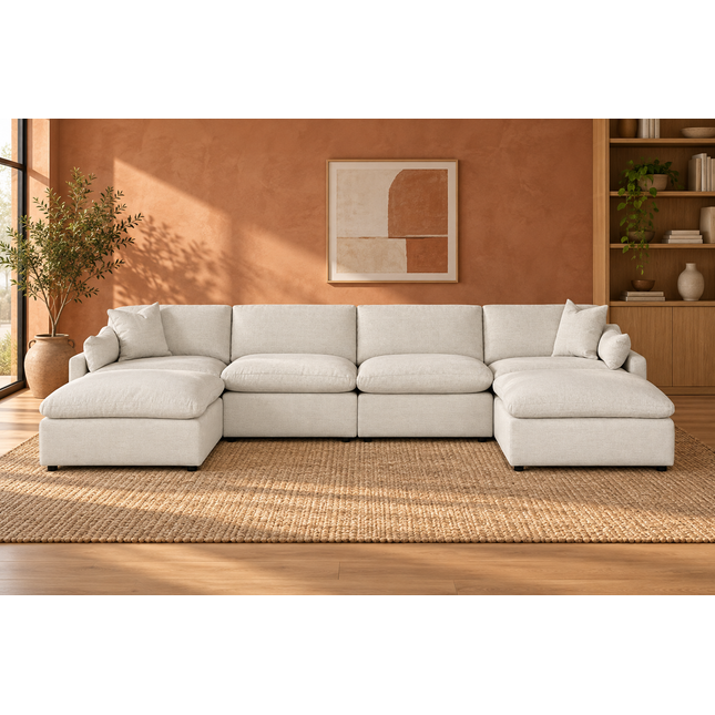 My Cloud Slope 4 Piece Straight + 2 Ottomans in Dover Linen — staged living room view